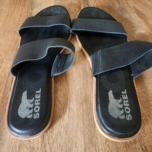Sorel Ella II Flat Leather Slip-On Black Slide Sandals Womens Size 11